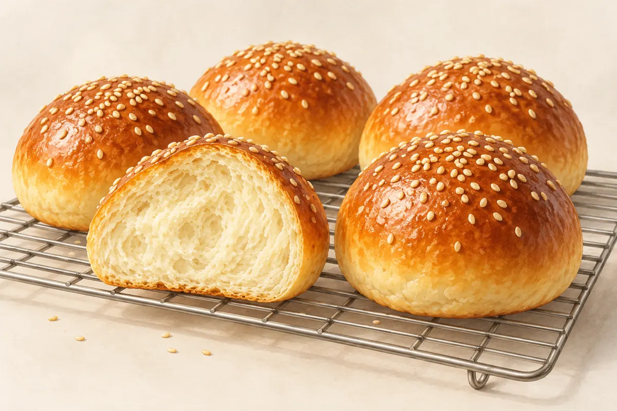 Złociste bułki brioche do burgerów i przekrojona bułka z delikatnym miękiszem