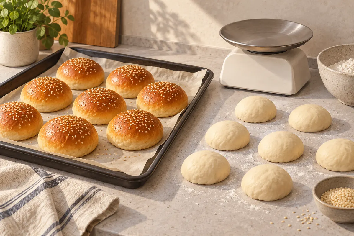 Małe bułki do burgerów z sezamem oraz równe porcje ciasta obok wagi kuchennej.