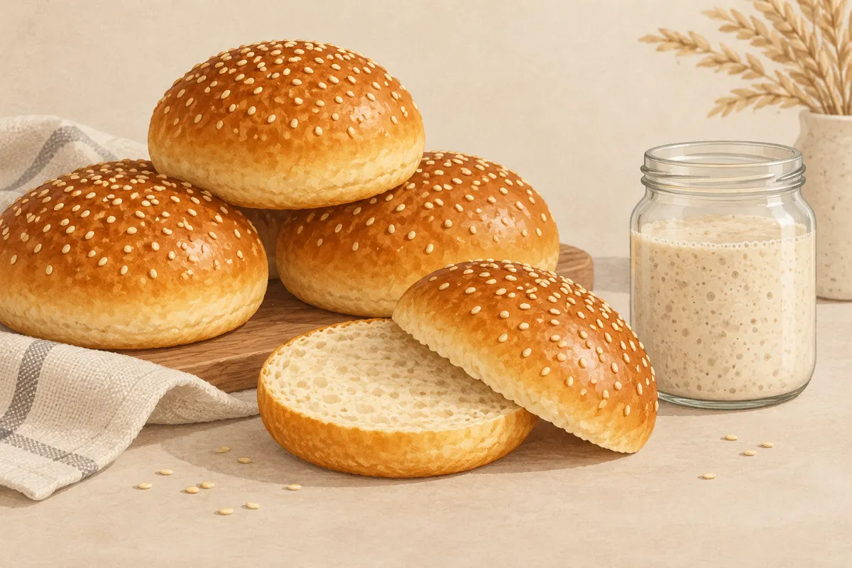 Bułki burgerowe na zakwasie z sezamem i przekrojona bułka z miękkim miąższem.