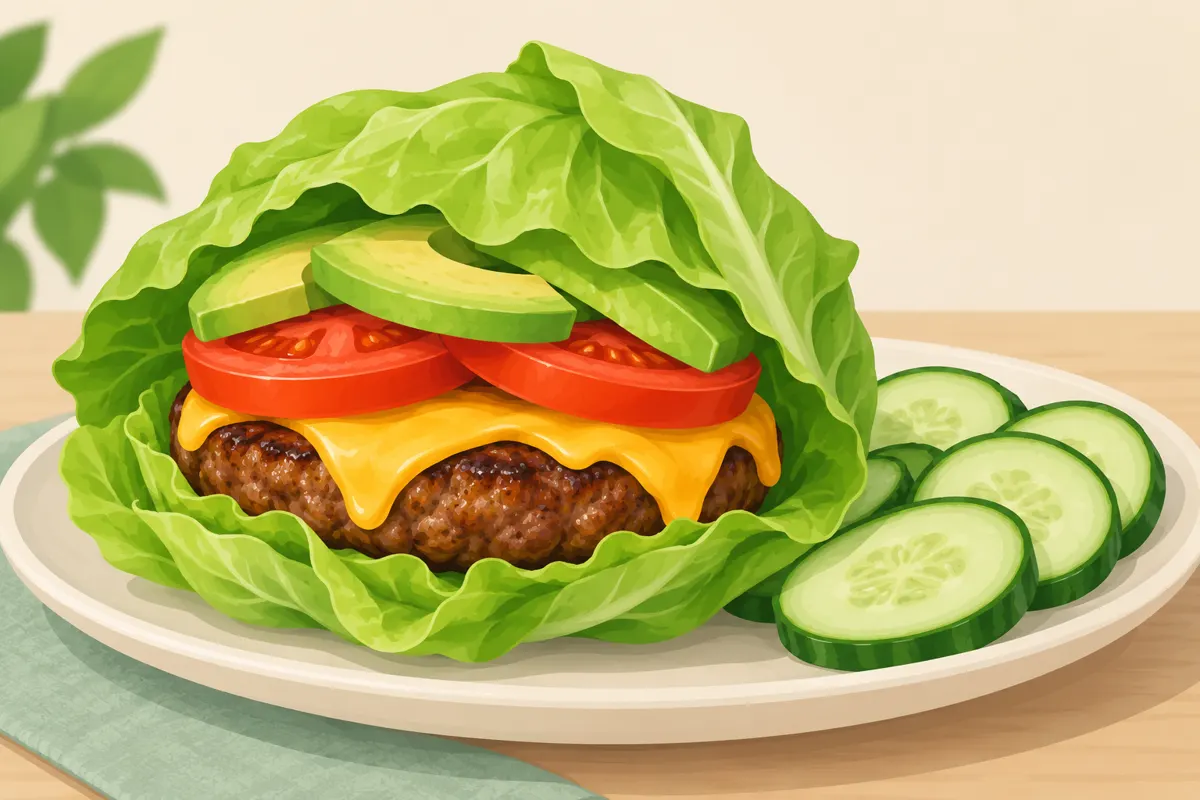 Burger bez bułki w liściach sałaty z serem, pomidorem i awokado