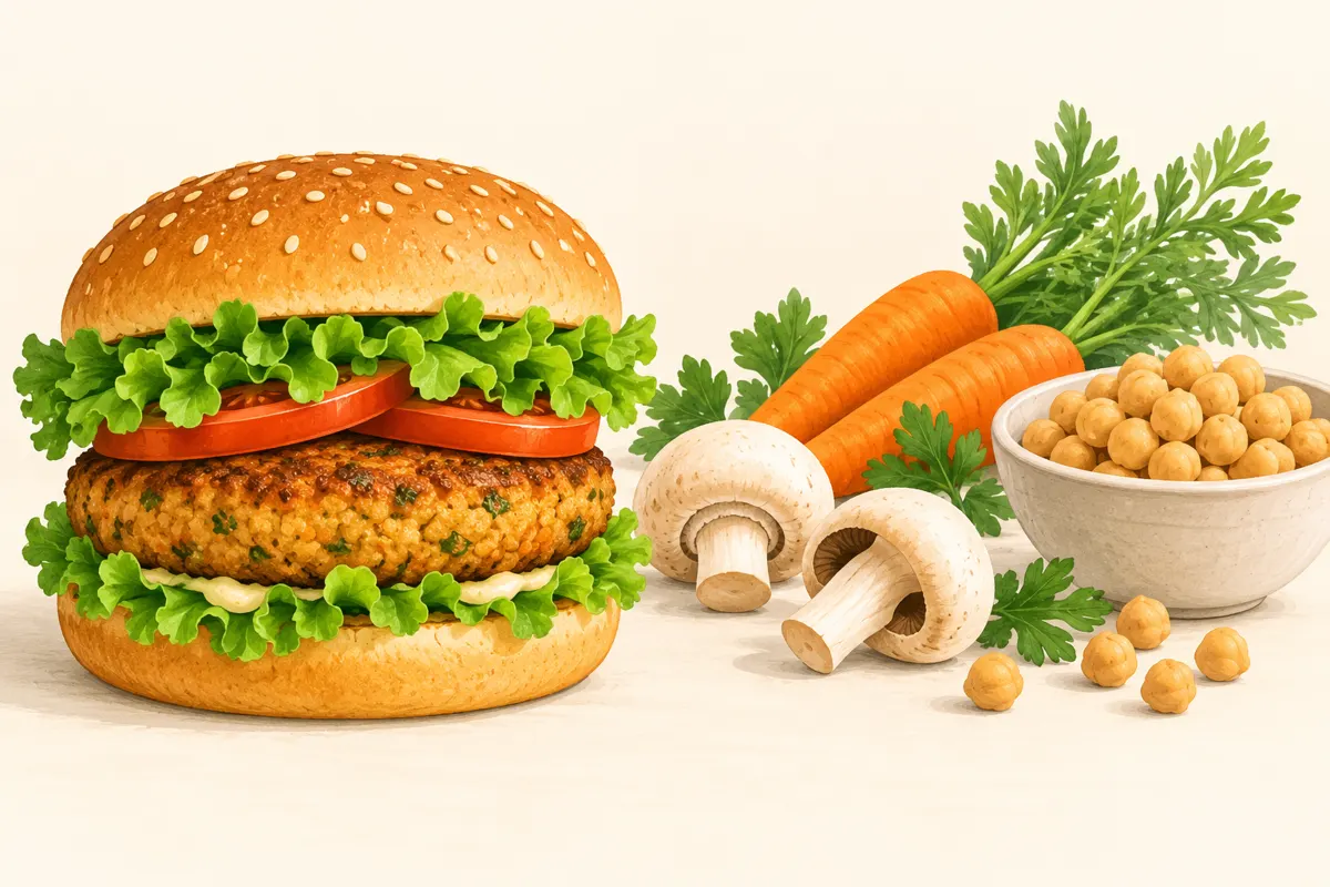 Burger warzywny z kotletem z marchewki, pieczarek i ciecierzycy