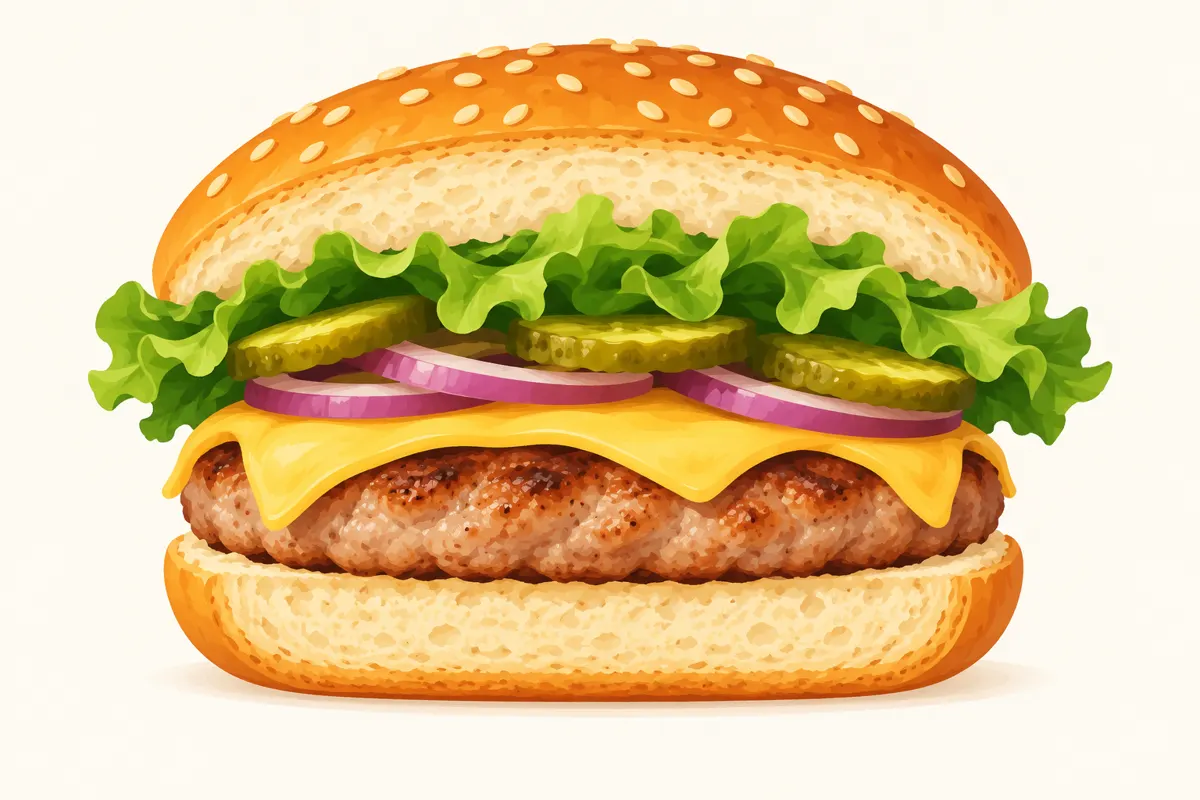 Burger wieprzowy z sałatą, ogórkiem kiszonym, cebulą i serem.