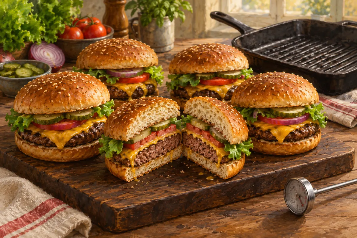 Burger wołowy z serem, sałatą, pomidorem, ogórkiem i cebulą obok patelni oraz termometru kuchennego