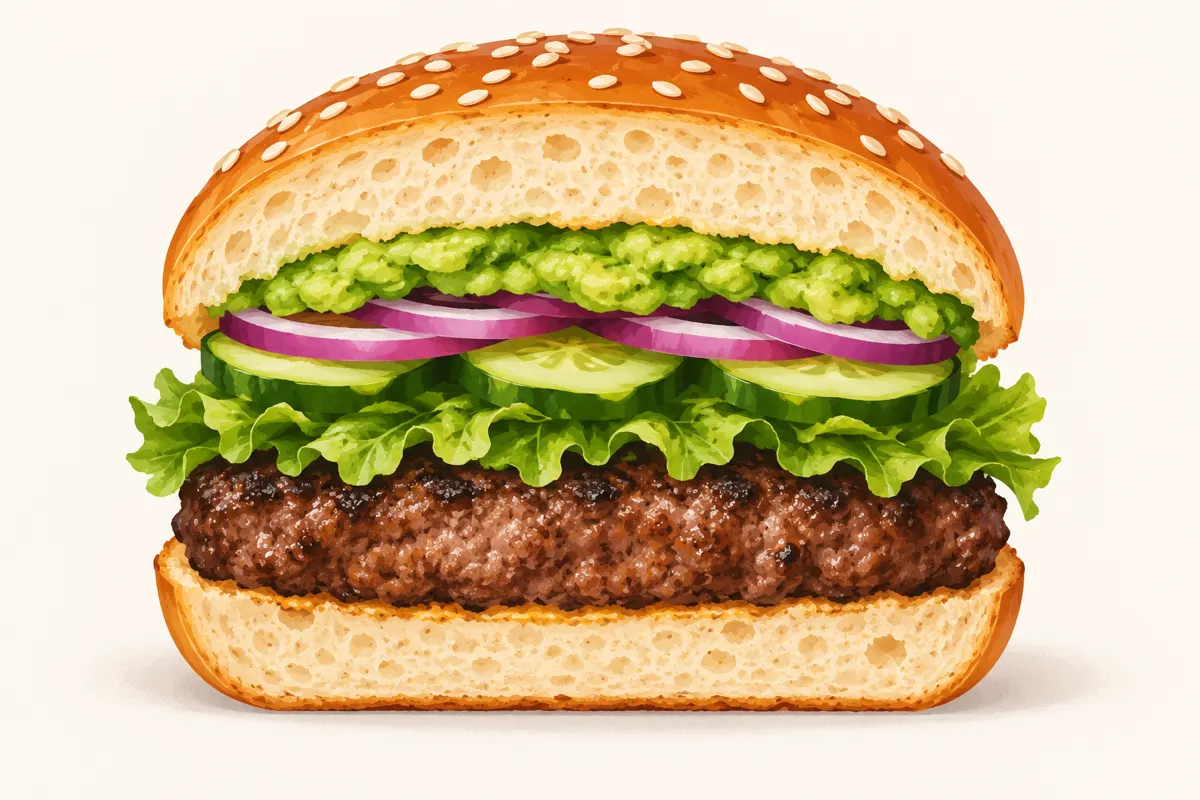 Burger z pastą z awokado, wołowiną, sałatą i ogórkiem