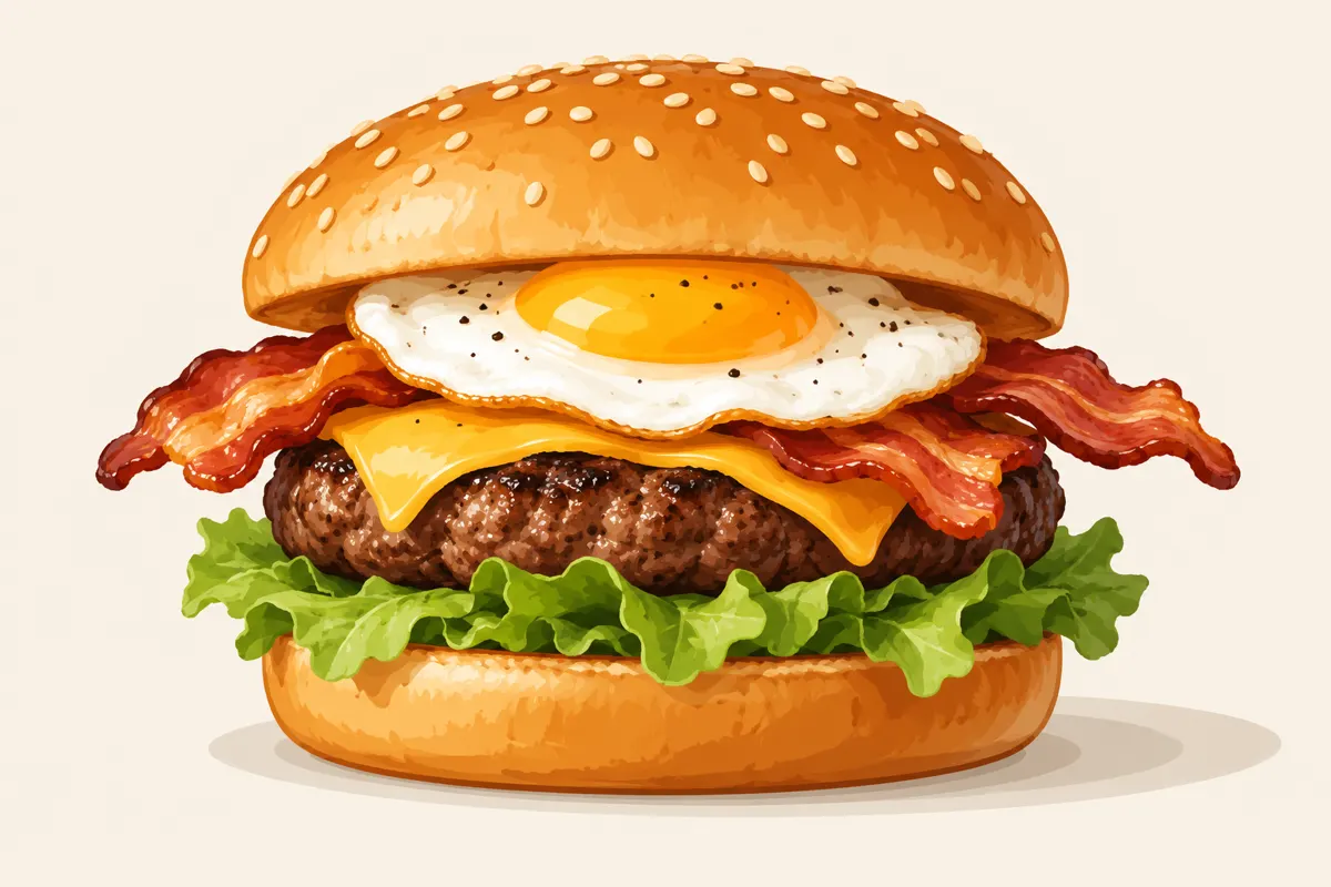 Ilustracja burgera z jajkiem sadzonym, wołowiną, serem, bekonem i sałatą.