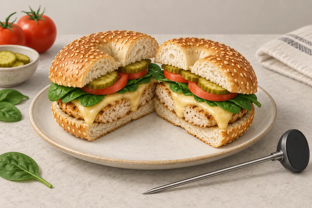 Burger z pieczonym kotletem z kurczaka, goudą, szpinakiem, pomidorem i ogórkiem kiszonym w bajglu z sezamem.