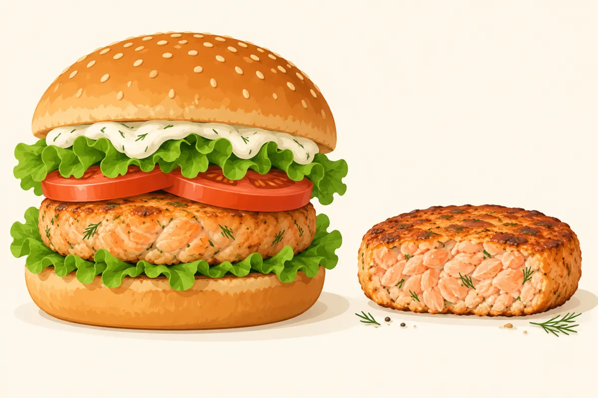Burger z łososia z sałatą, pomidorem i sosem koperkowym oraz kotlet rybny obok bułki.