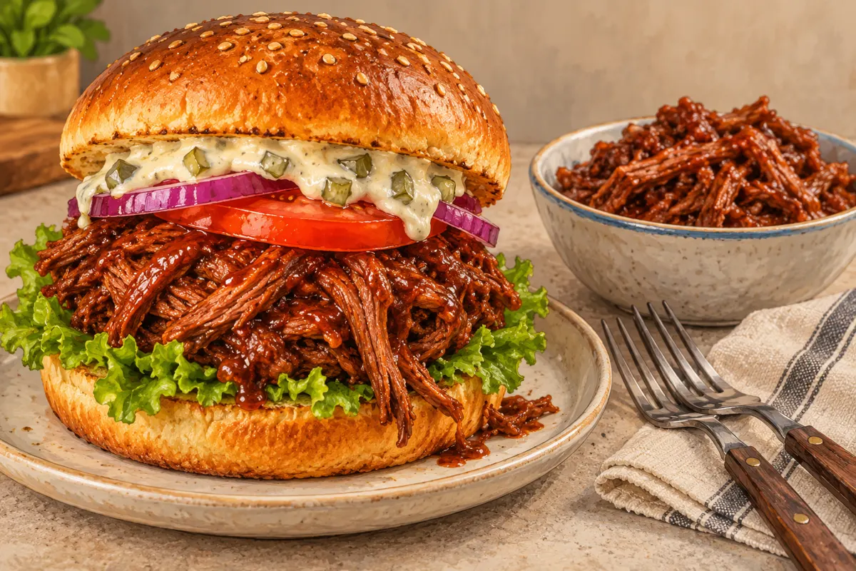 Burger z szarpaną wołowiną w sosie BBQ, sałatą, pomidorem i czerwoną cebulą