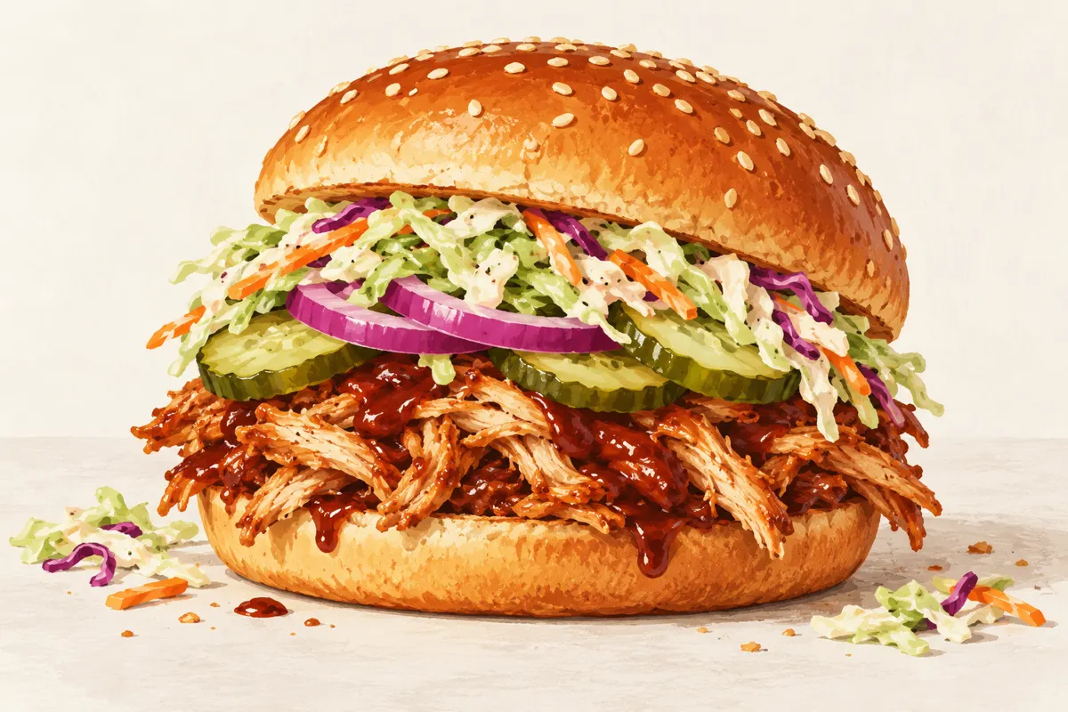 Burger z szarpanym kurczakiem BBQ, surówką i czerwoną cebulą