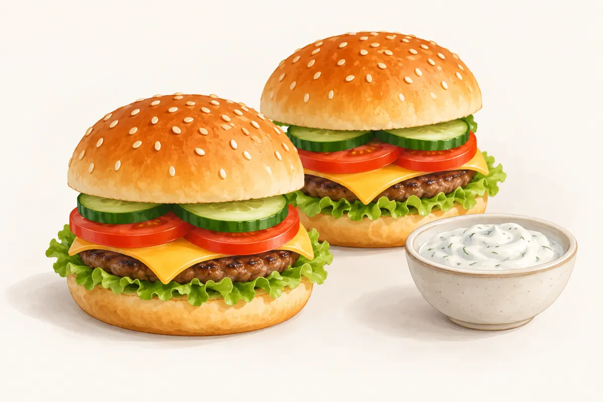 Dwa małe burgery z łagodnymi dodatkami i sosem jogurtowym