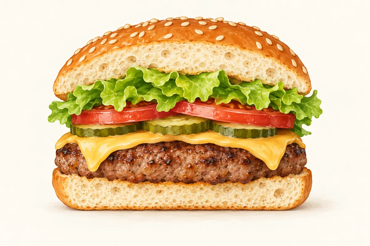 Burger wieprzowo-wołowy z serem, sałatą, pomidorem i ogórkiem
