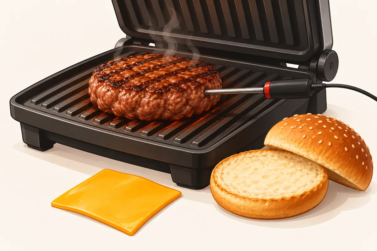 Ilustracja burgera wołowego na grillu elektrycznym z termometrem w środku kotleta