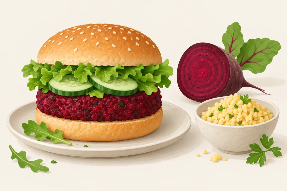 Burger z kotletem buraczanym, sałatą i ogórkiem, obok burak oraz kasza jaglana