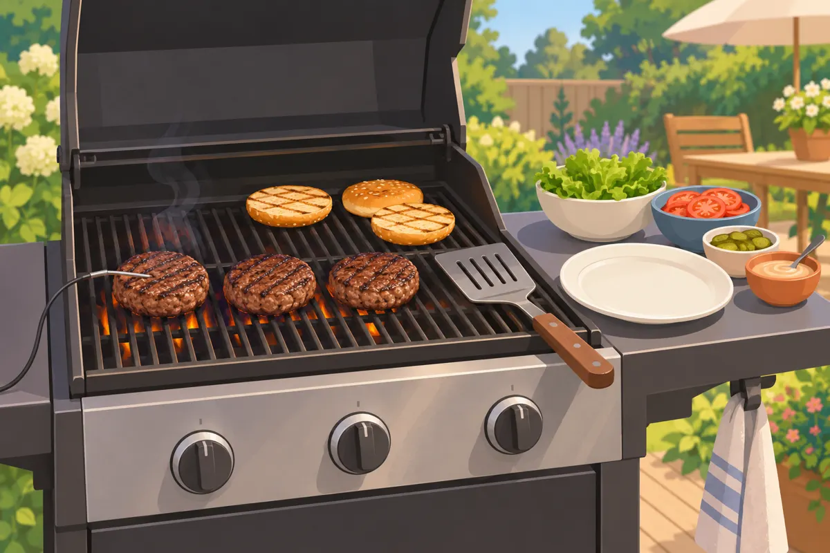 Trzy burgery wołowe na grillu gazowym, pomiar temperatury kotleta i bułki przygotowane do podpieczenia.