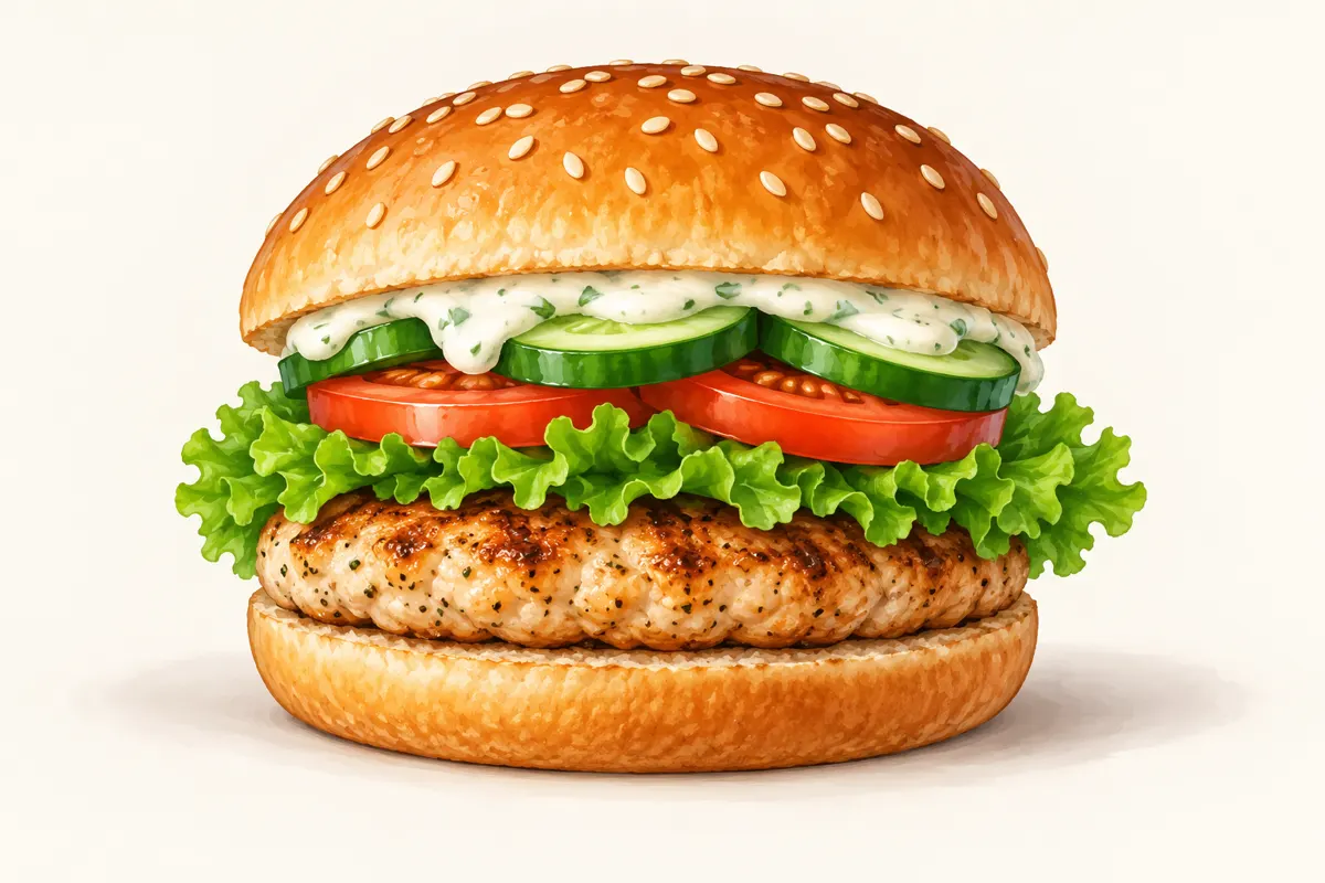 Burger z indyka z sałatą, pomidorem, ogórkiem i sosem jogurtowym