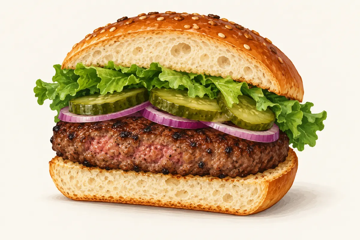 Ilustracja burgera z jelenia z cebulą, sałatą i ogórkiem