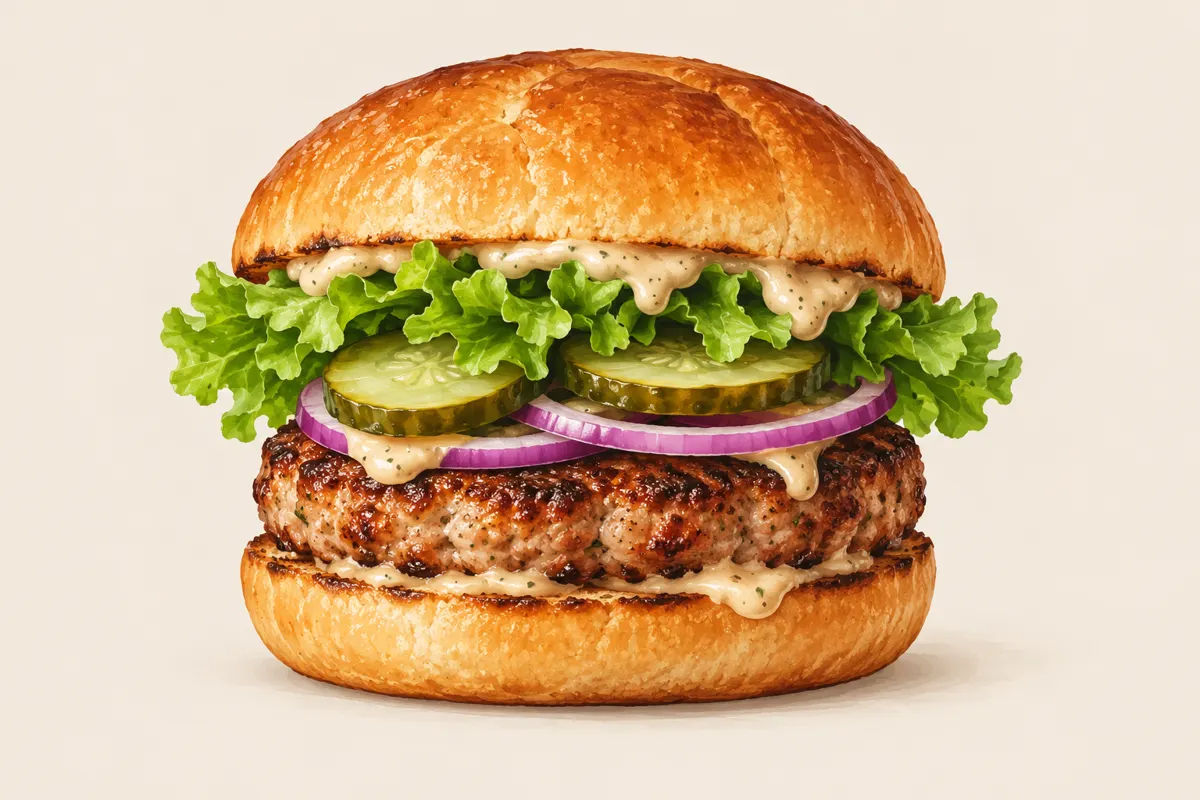 Burger z łopatki wieprzowej z sałatą, ogórkiem, cebulą i sosem musztardowym