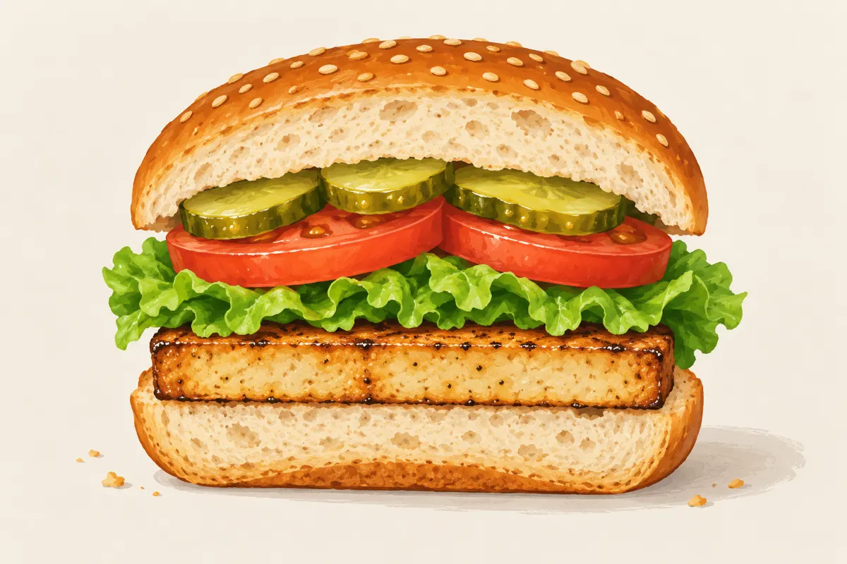 Burger z rumianym tofu, sałatą, pomidorem i ogórkiem kiszonym