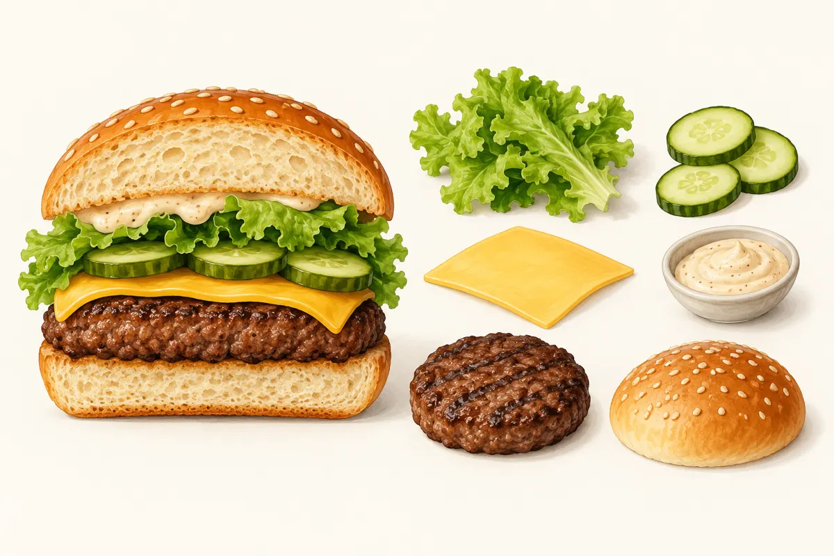Burger z serem, sałatą i ogórkiem oraz dodatki ułożone obok