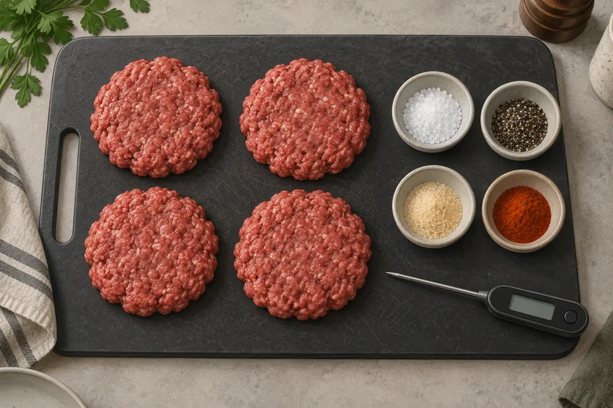 Przyprawy do mięsa na burgery wołowe oraz cztery uformowane kotlety