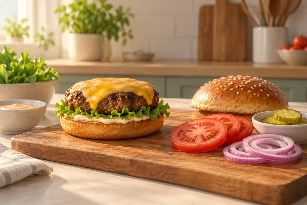 Burger podczas składania: podpieczony spód bułki, sos, sałata i kotlet z serem oraz przygotowane dodatki.