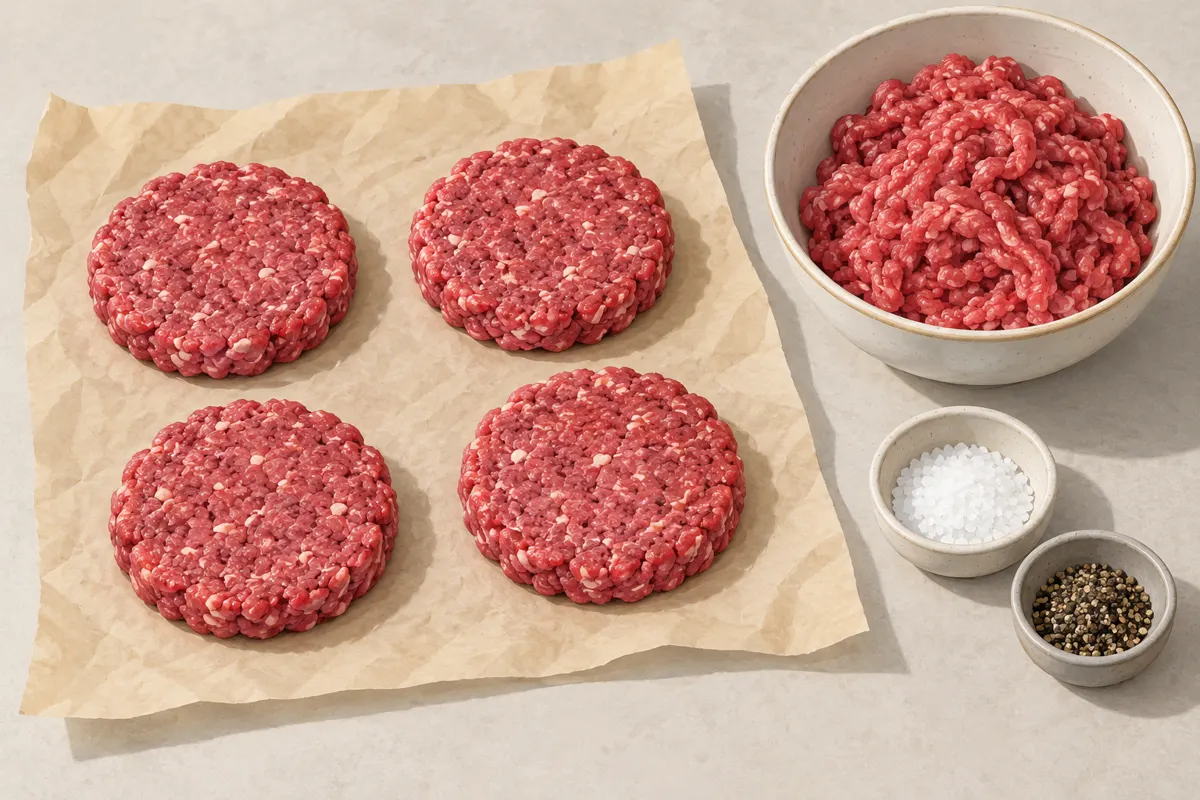 Uformowane kotlety burgerowe obok mielonego mięsa, soli i pieprzu