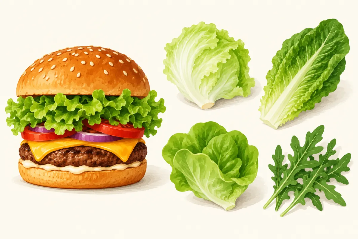 Burger i cztery rodzaje zielonych liści: sałata lodowa, rzymska, masłowa oraz rukola