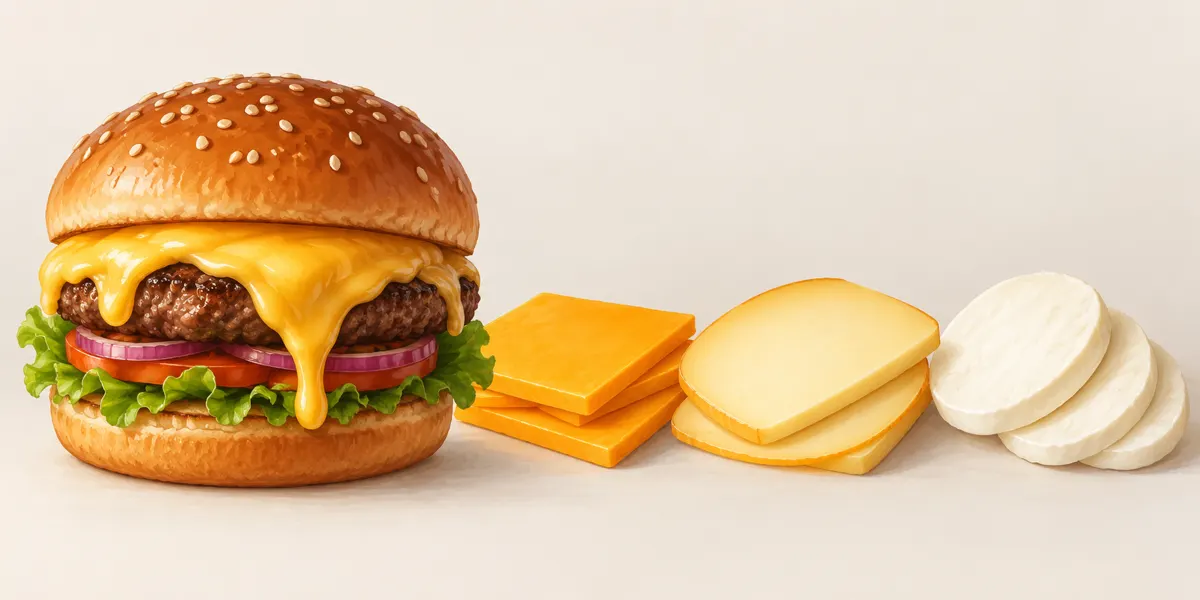 Ilustracja burgera z roztopionym serem i kilku rodzajów sera obok