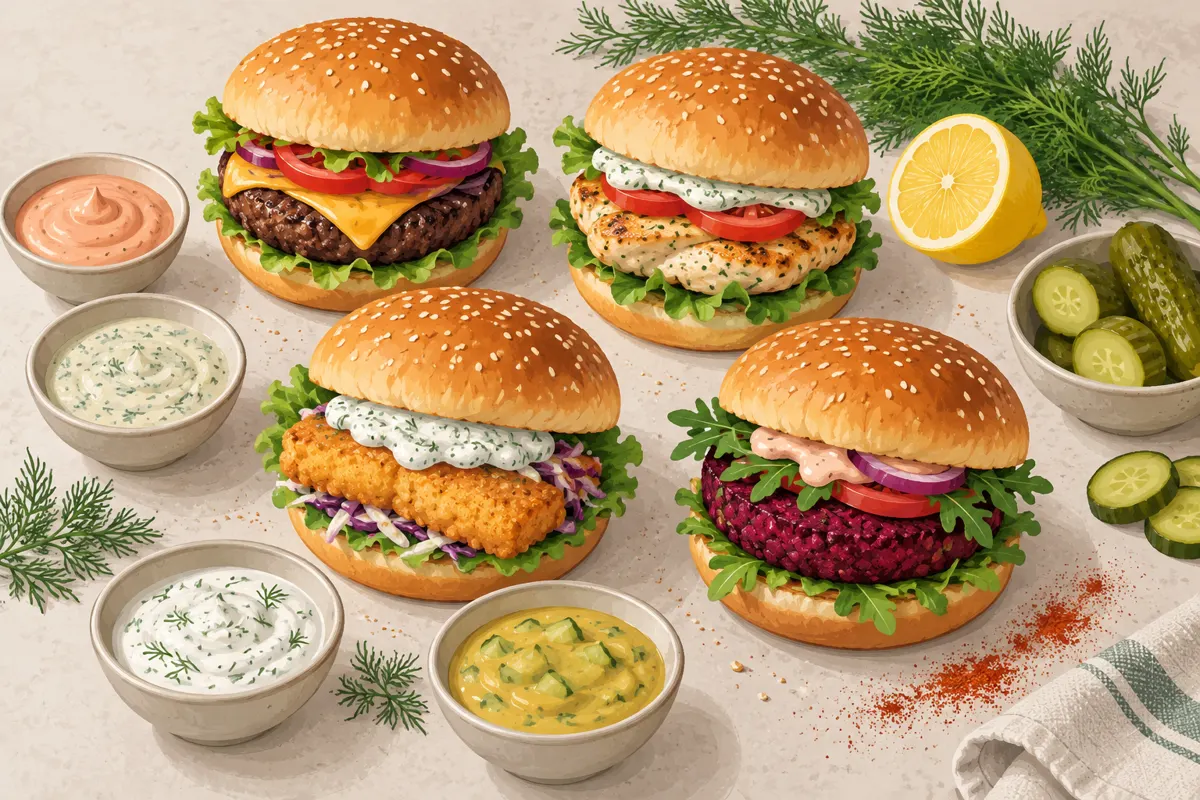 Burgery wołowy, drobiowy, rybny i buraczany obok miseczek z dopasowanymi sosami