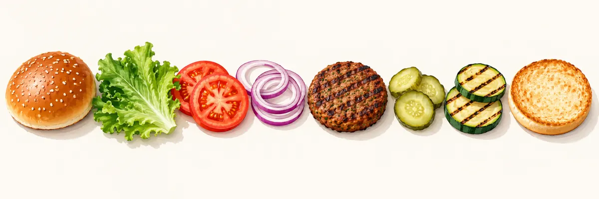 Warzywne dodatki do burgera: sałata, pomidor, cebula, ogórek kiszony i grillowana cukinia.