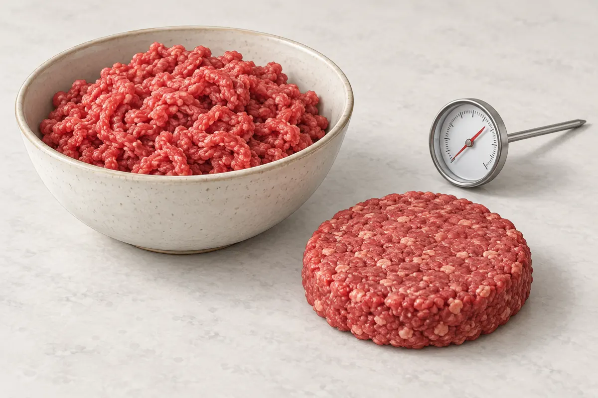 Mielona wołowina w misce, kotlet do burgera i termometr kuchenny