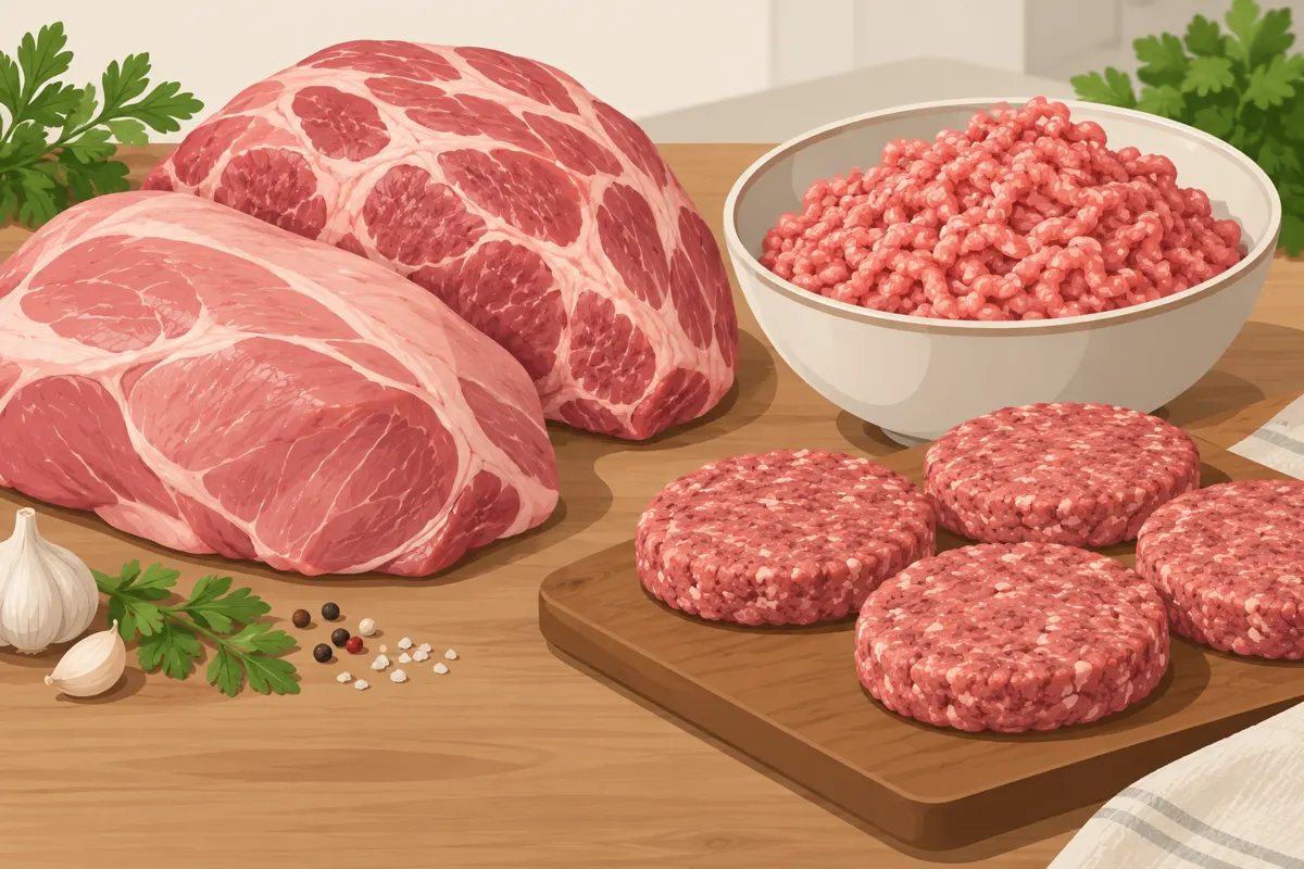 Ilustracja kawałków wieprzowiny, mięsa mielonego i kotletów na burgery.