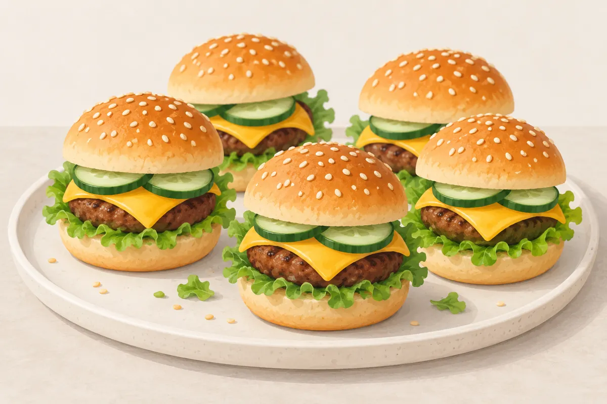 Mini burgery z serem, sałatą i ogórkiem ułożone na półmisku.