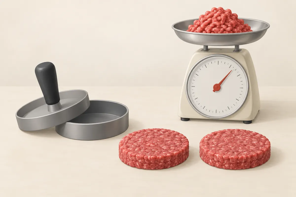 Foremka do burgerów, waga kuchenna i dwa uformowane kotlety.
