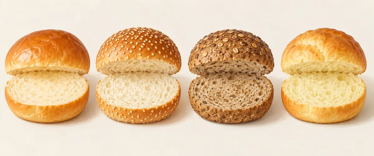 Cztery rodzaje bułek do burgerów z widocznym przekrojem miękiszu.