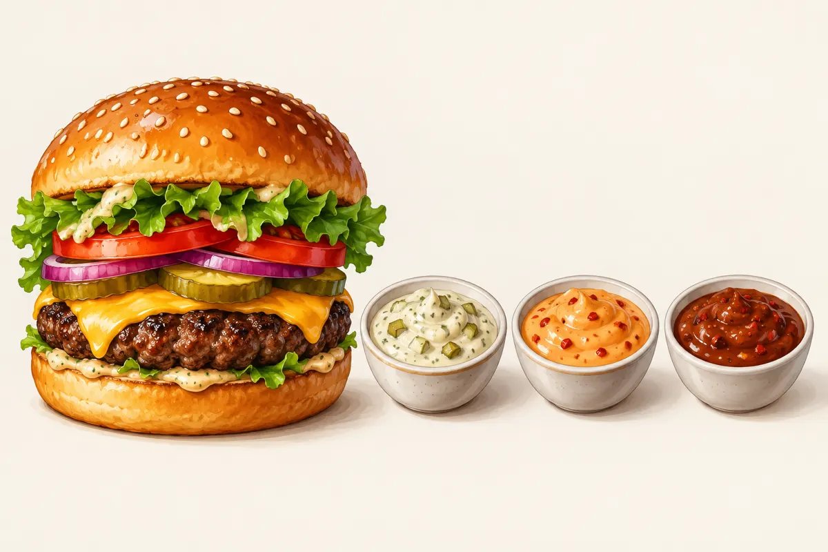 Burger wołowy i trzy miseczki sosów: klasycznego, pikantnego i dymnego