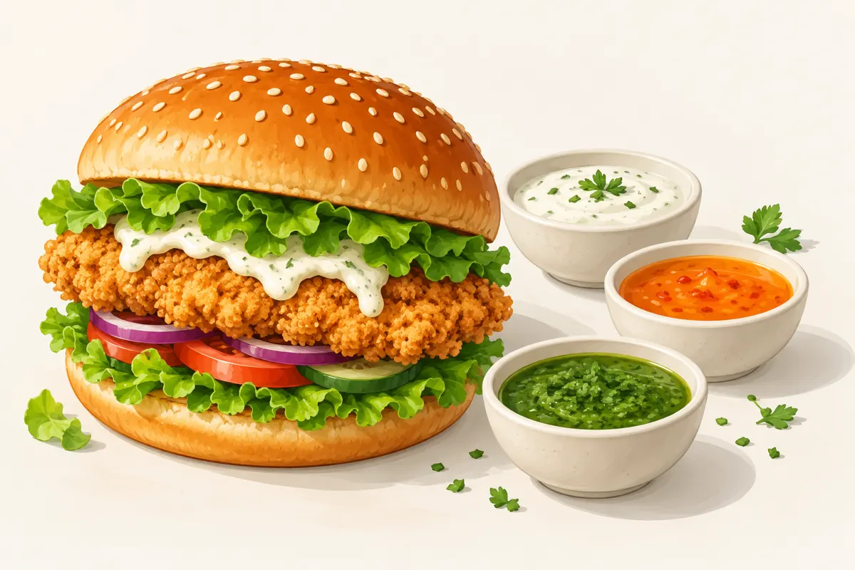 Burger z kurczakiem i trzy sosy: jogurtowy, pikantny oraz ziołowy