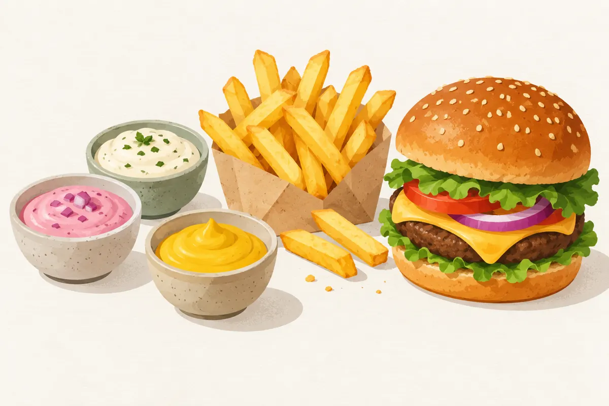 Trzy sosy do frytek w miseczkach obok frytek i burgera