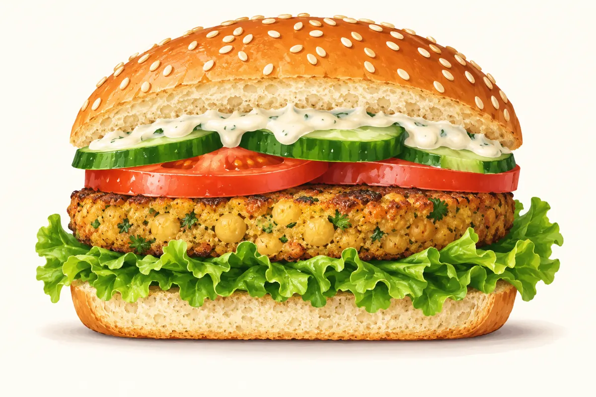 Ilustracja wegańskiego burgera z kotletem z ciecierzycy, warzywami i sosem.
